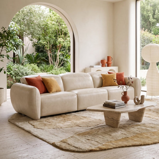 Savona three-seat leather recliner sofa in a modern living room