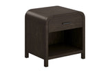 Saylor dark walnut nightstand with one drawer and open shelf, three-quarter view