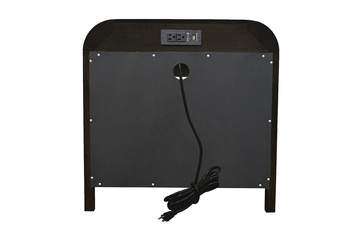 Saylor dark walnut nightstand, back view showing the charging station and power cord