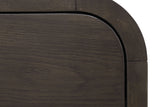 Saylor nightstand close-up of the rounded corner and dark walnut oak grain