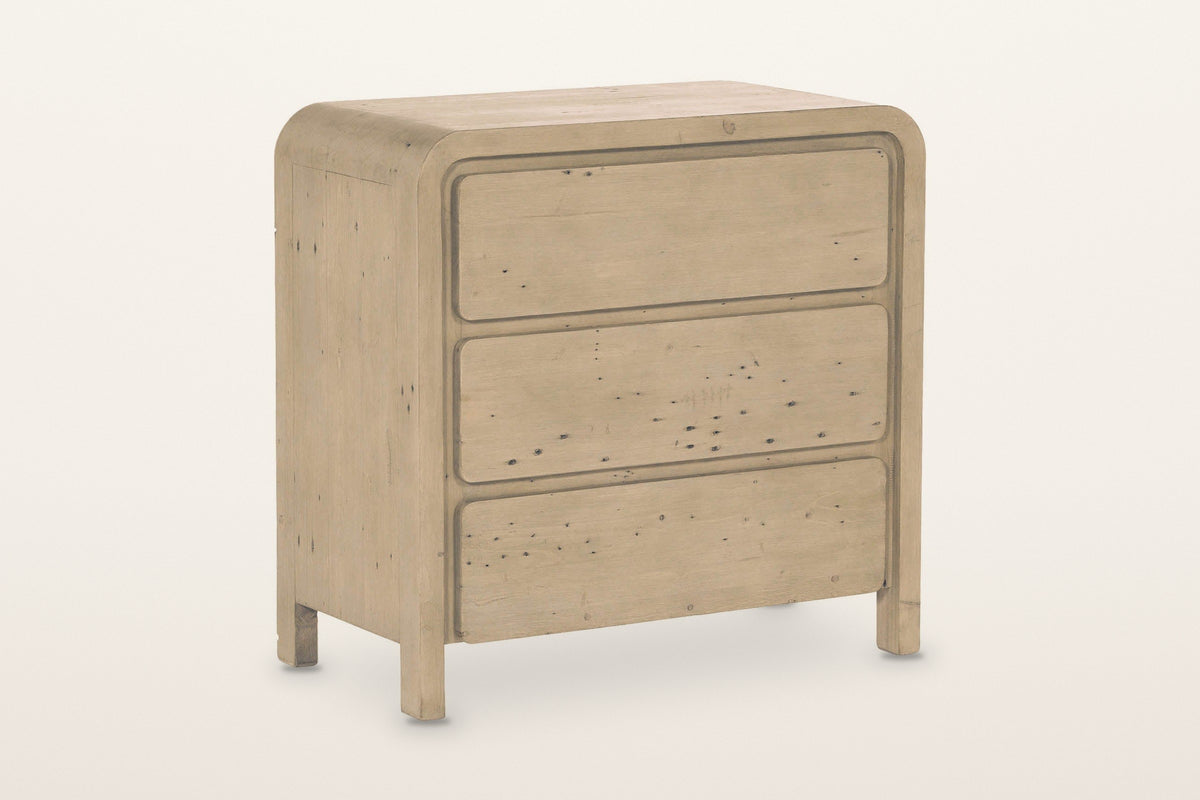 Scheggino reclaimed pine chest in Brown, three-quarter view on a warm white studio backdrop: a waterfall top