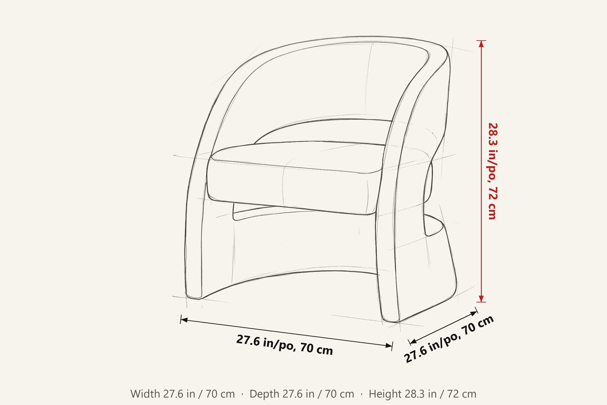 Sefro dimensions on a pencil sketch of the chair: 27.6 in wide, 27.6 in deep, 28.3 in high