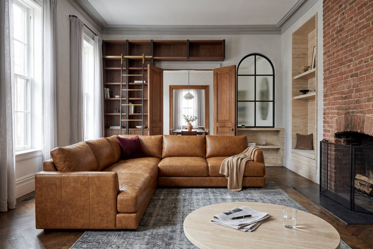 Serena corner Sectional in distressed Italian aniline leather