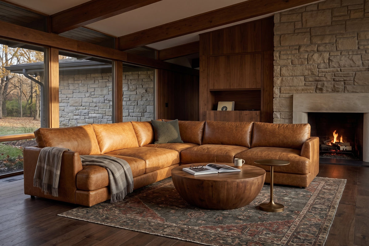 Serena corner Sectional in distressed Italian aniline leather