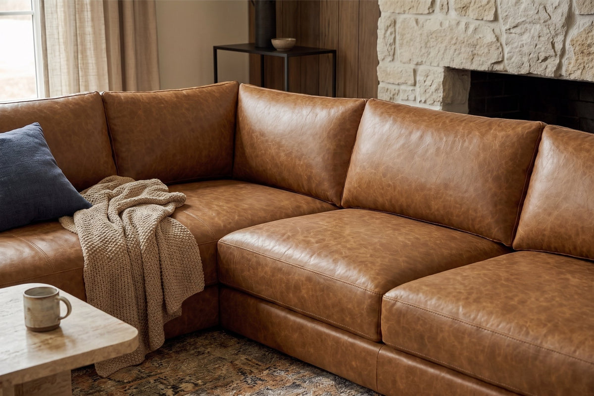 Serena chaise Sectional in distressed Italian aniline leather