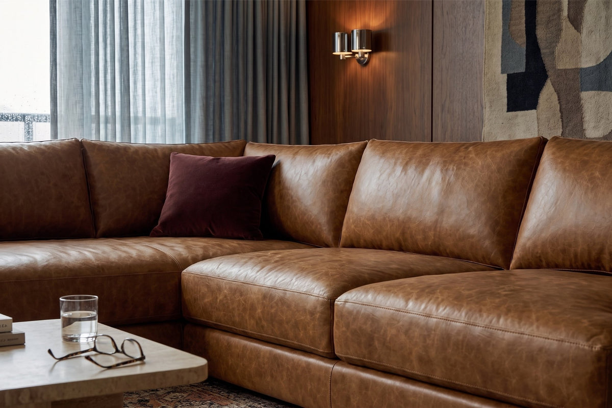 Serena chaise Sectional in distressed Italian aniline leather