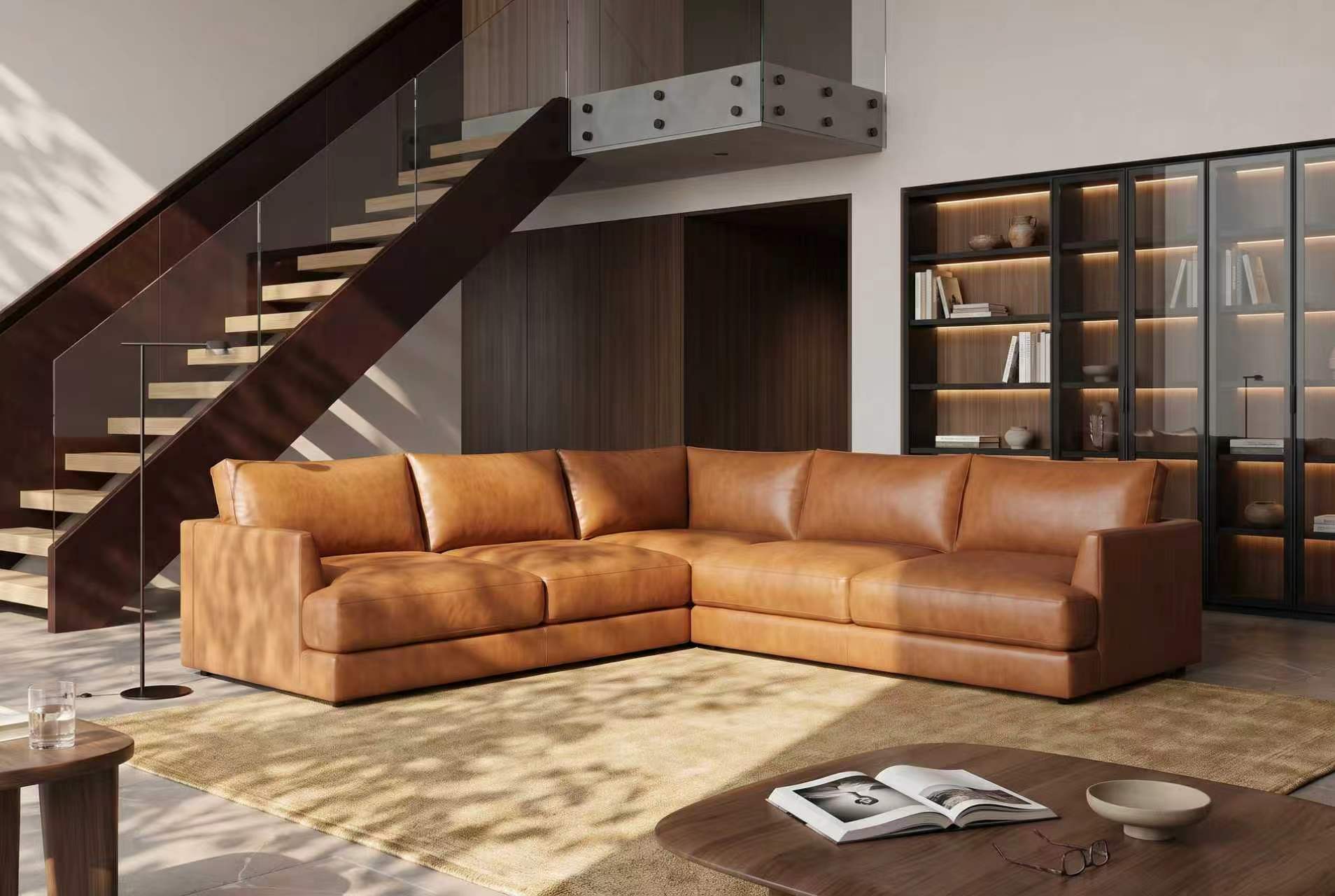 Serena corner sectional in Cognac beneath an open staircase