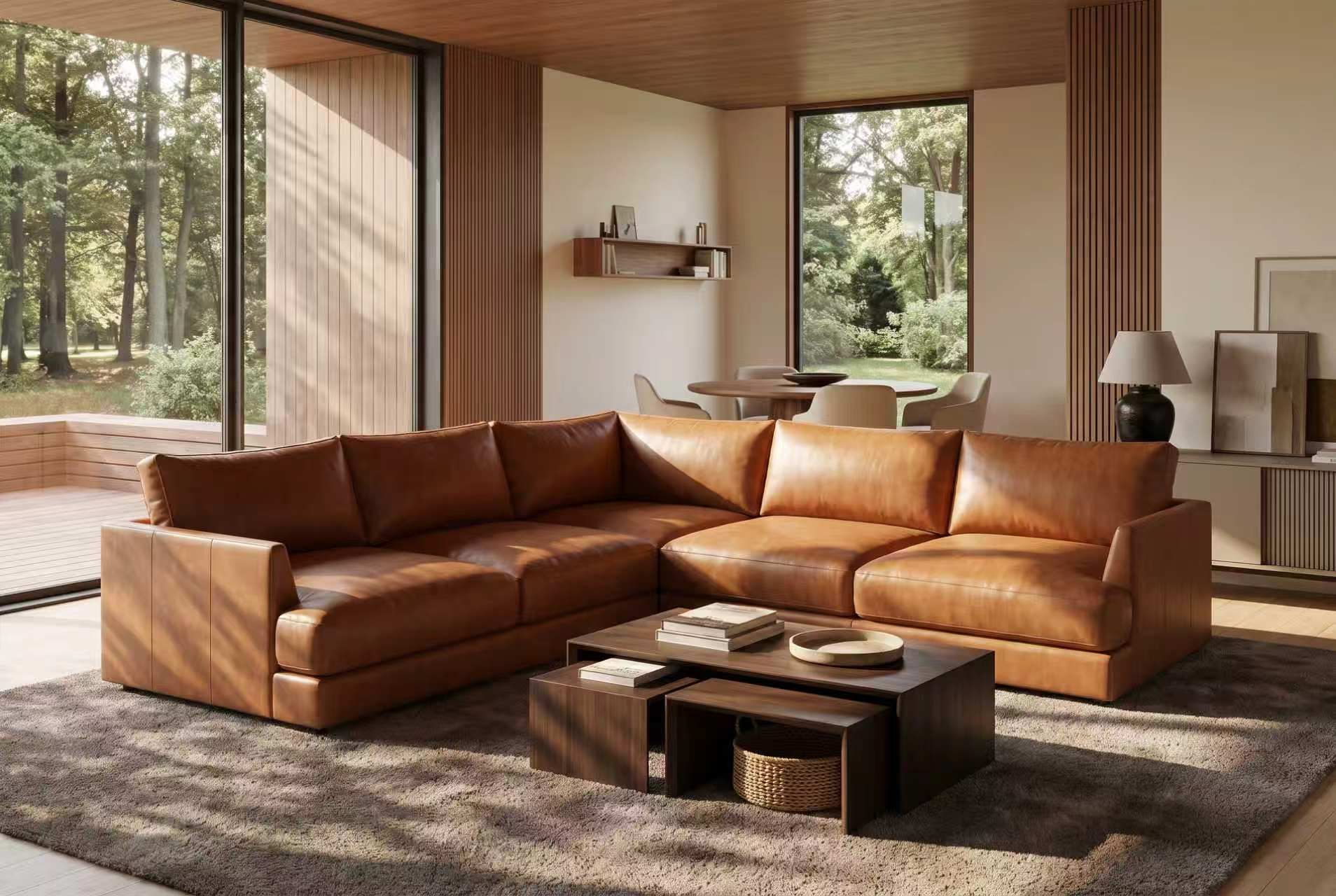 Serena corner sectional in Cognac in a warm wood-panelled living room with tall windows onto trees