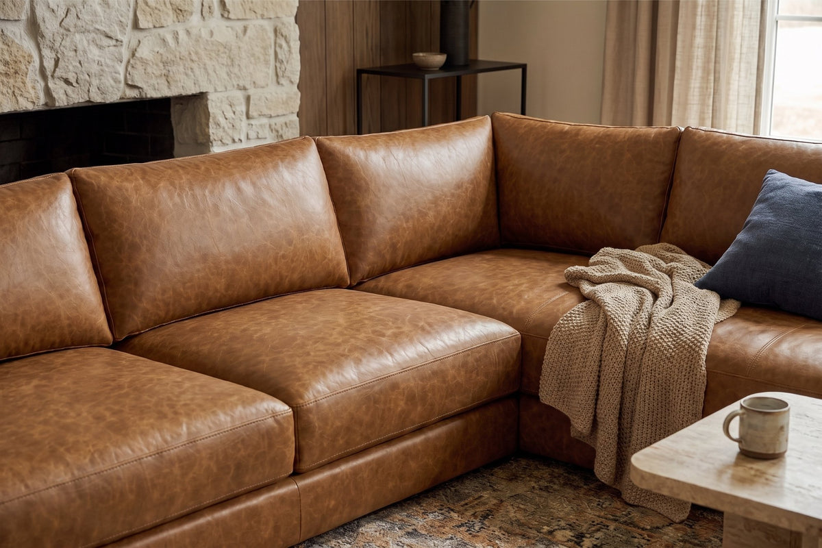 Serena chaise Sectional in distressed Italian aniline leather