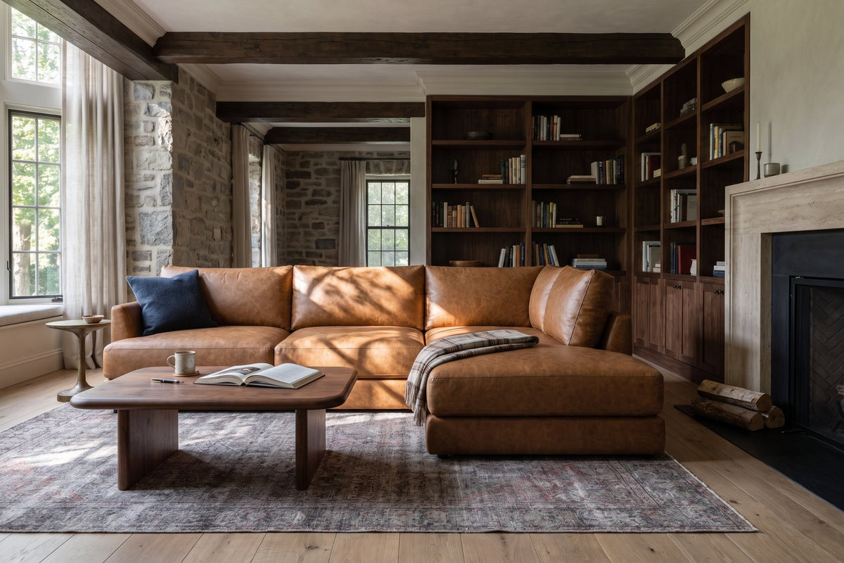 Serena chaise Sectional in distressed Italian aniline leather