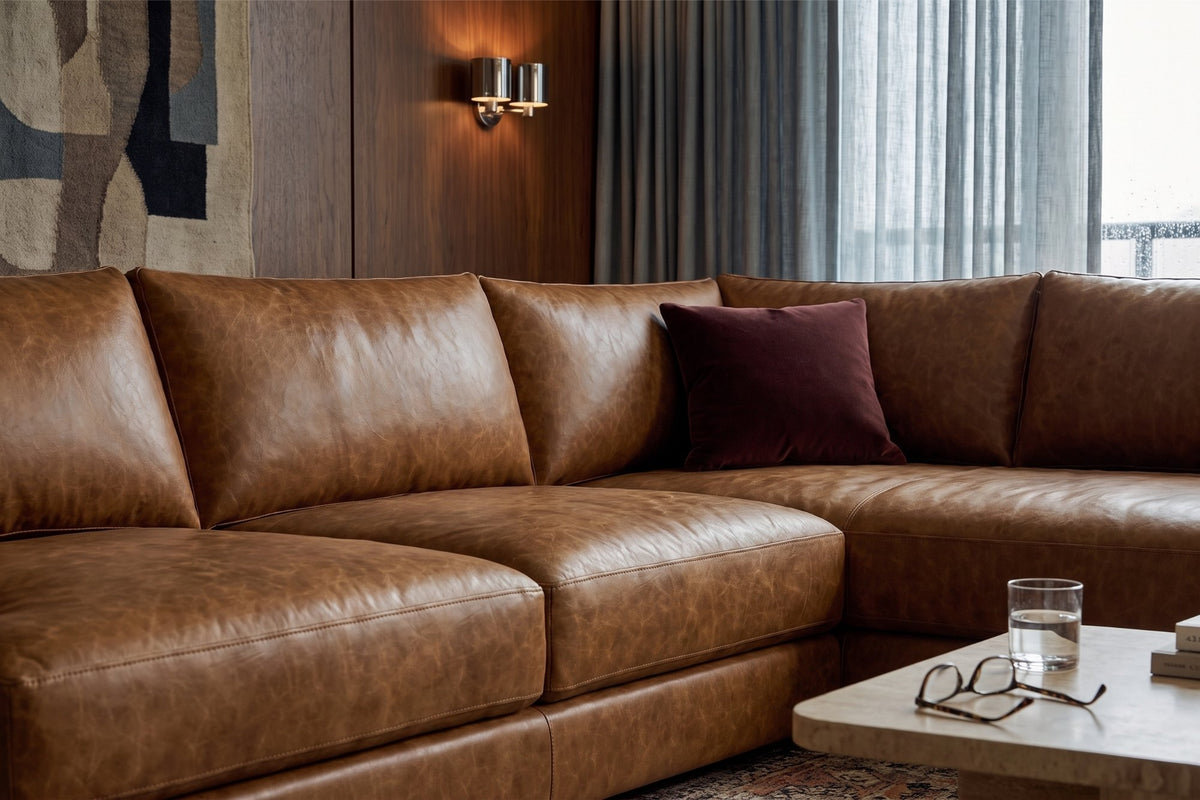 Serena chaise Sectional in distressed Italian aniline leather