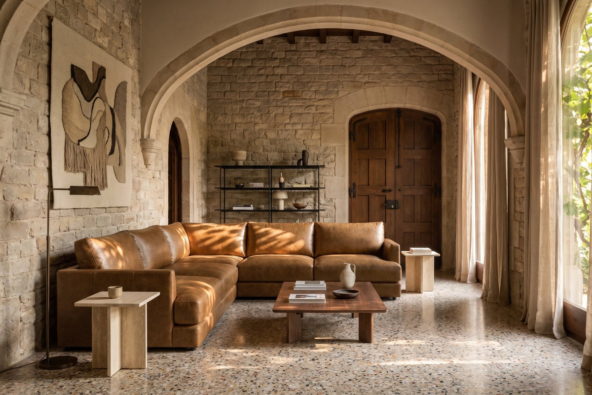Serena corner Sectional in distressed Italian aniline leather