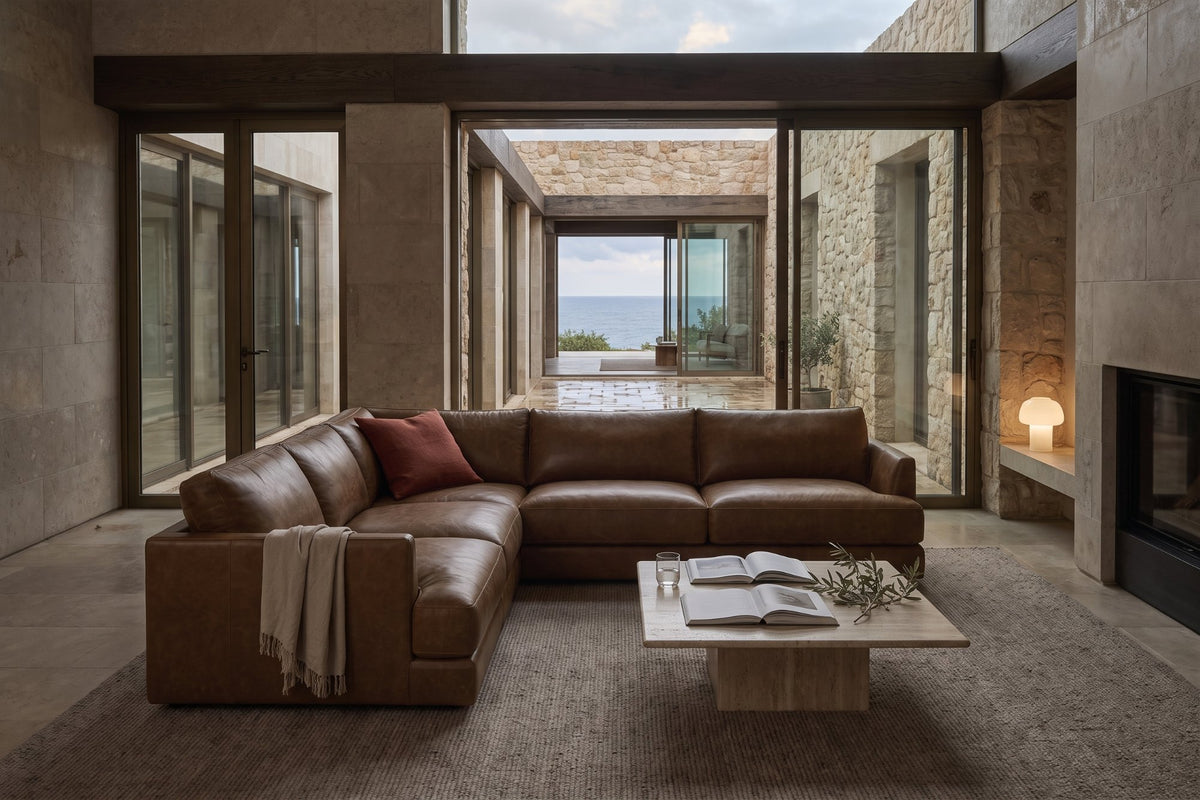 Serena corner Sectional in distressed Italian aniline leather