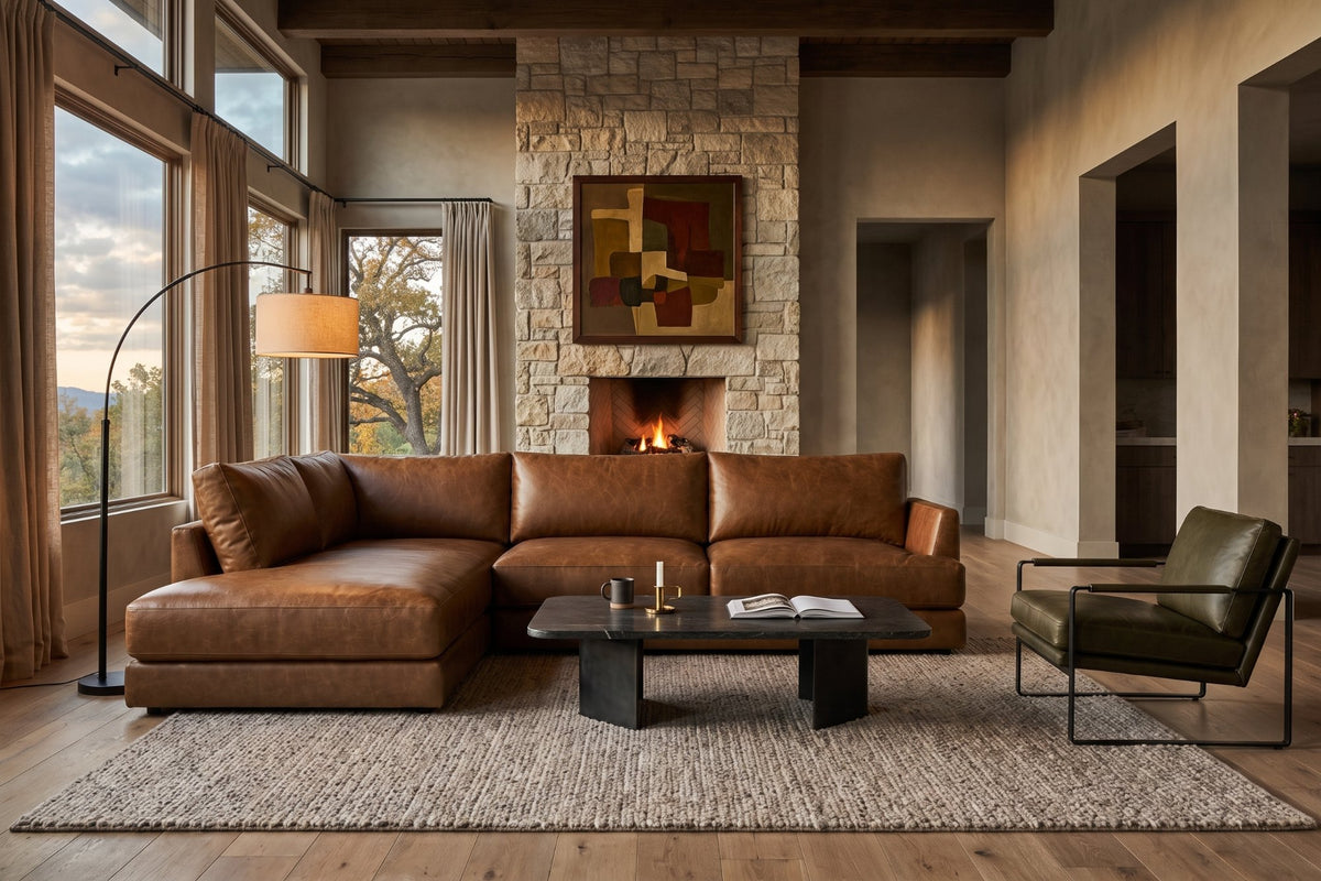 Serena chaise Sectional in distressed Italian aniline leather
