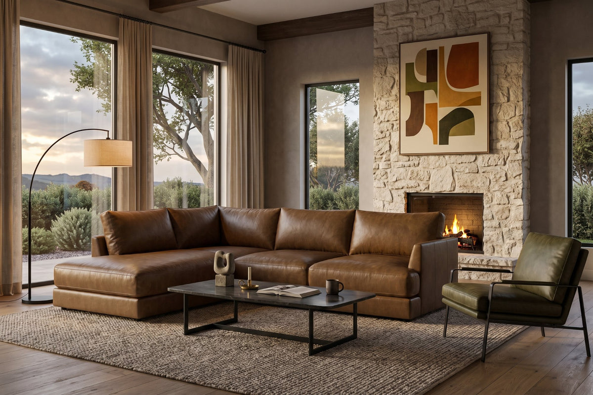 Serena chaise Sectional in distressed Italian aniline leather
