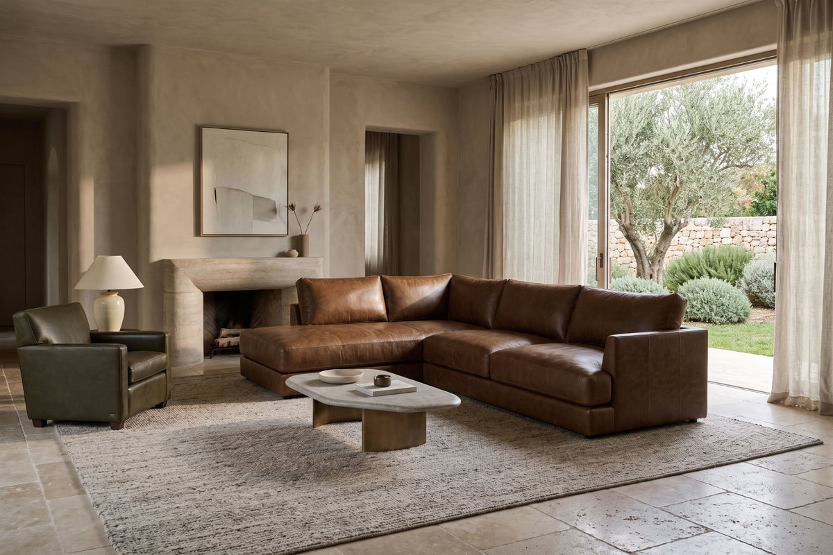 Serena chaise Sectional in distressed Italian aniline leather