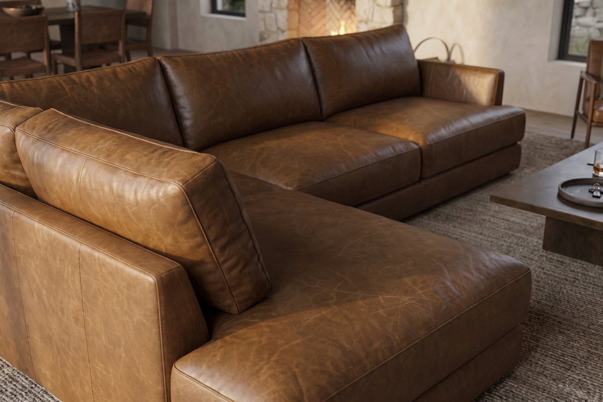 Serena chaise Sectional in distressed Italian aniline leather