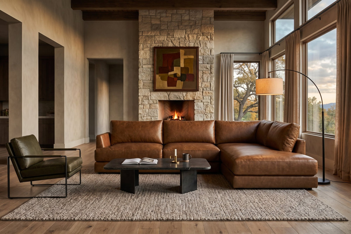 Serena chaise Sectional in distressed Italian aniline leather