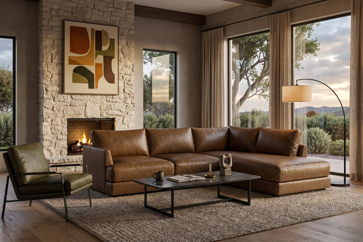 Serena chaise Sectional in distressed Italian aniline leather