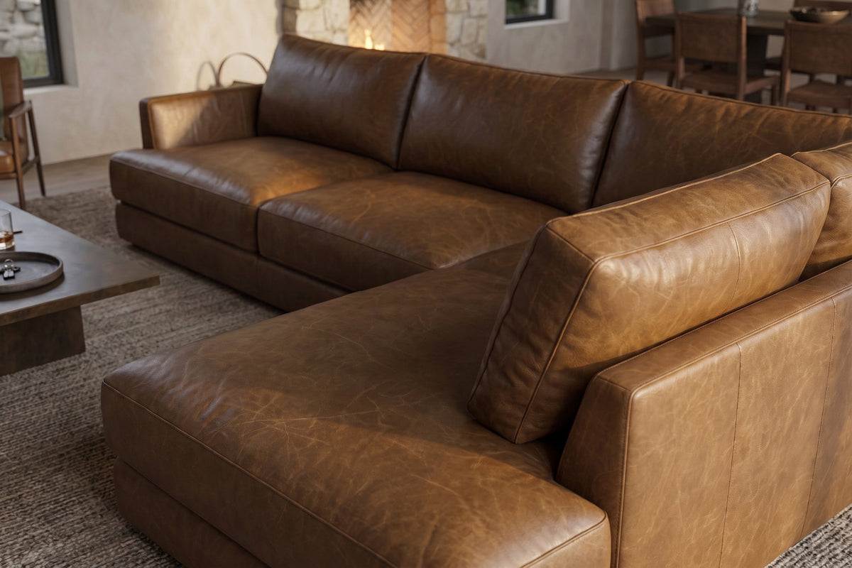 Serena chaise Sectional in distressed Italian aniline leather