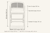 Sermoneta dimensions: 22.25 in wide, 24.75 in deep, 38 in high, seat height 24.25 in, arm height 31 in, footrest 7.5 in