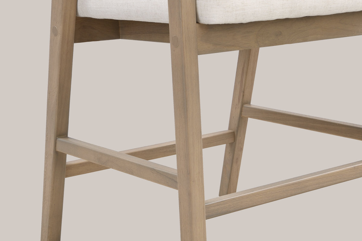 Close-up of the front leg, the seat frame, a rear leg and the footrest bars of the Natural Ash Sermoneta stool