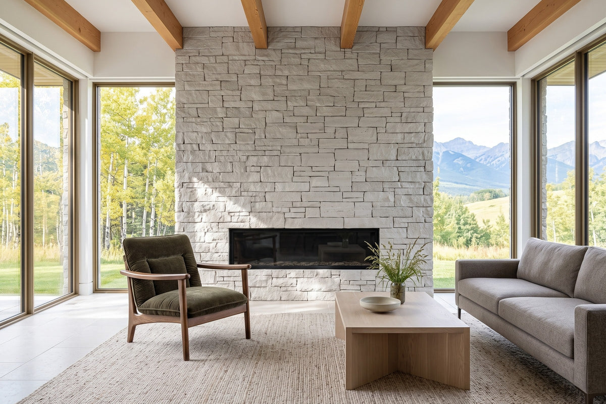 Servigliano accent chair in Green beside a dry-stack limestone wall with a linear fireplace in a Priddis foothills house