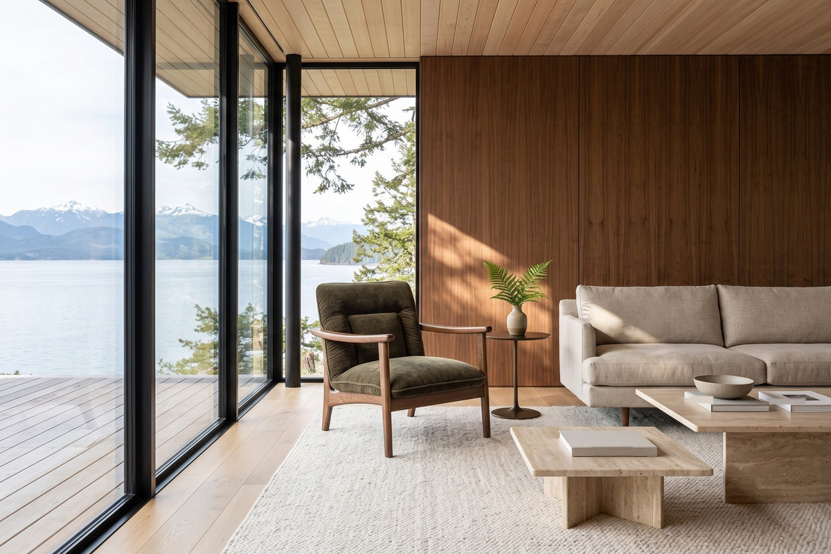 Servigliano accent chair in Green beside a black glass wall in a Sointula house on Malcolm Island, a walnut panel wall