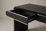 Close-up of the left drawer pulled open on its metal ball-bearing slide, its half-round front with a gold-tone edge