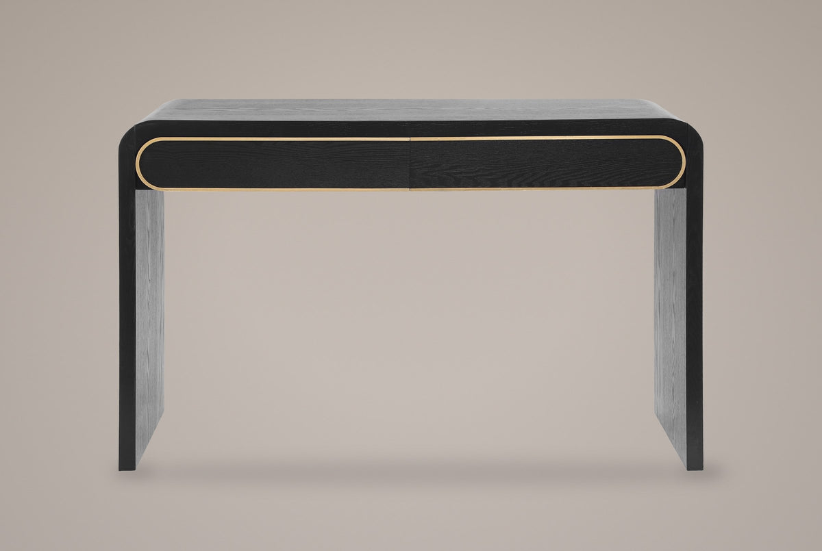 Sestri console table in black, straight front view: two drawers inside one gold-tone pill outline, two slab legs