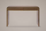 Sestri console table in walnut, straight front view: two drawers inside one gold-tone pill outline, two slab legs