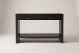 Sibari console table in black, straight front view: two drawers with gold-tone pulls, slab sides and a low shelf
