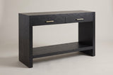 Sibari 2-drawer console table in black, three-quarter view on a warm grey studio backdrop