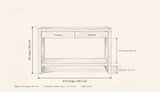 Sibari dimensions: 47.5 in wide, 30 in high, 15.5 in deep, 17.3 in under the drawers, shelf 4.9 in off the floor