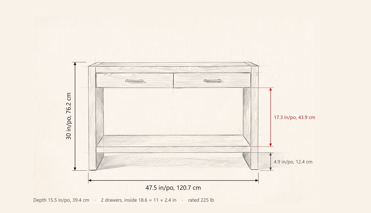 Sibari dimensions: 47.5 in wide, 30 in high, 15.5 in deep, 17.3 in under the drawers, shelf 4.9 in off the floor