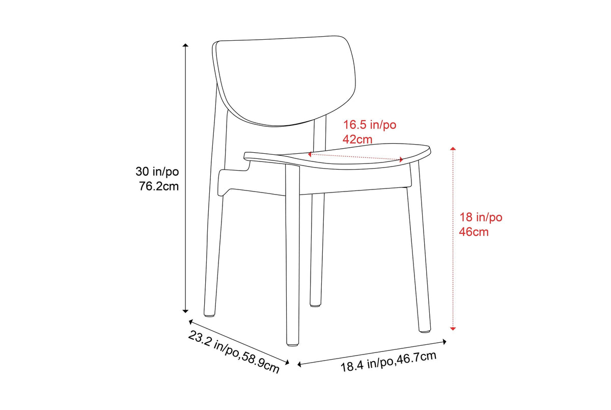 Simone dining chair dimensions: 18.4 in wide, 23.2 in deep, 30 in high, seat 18 in high