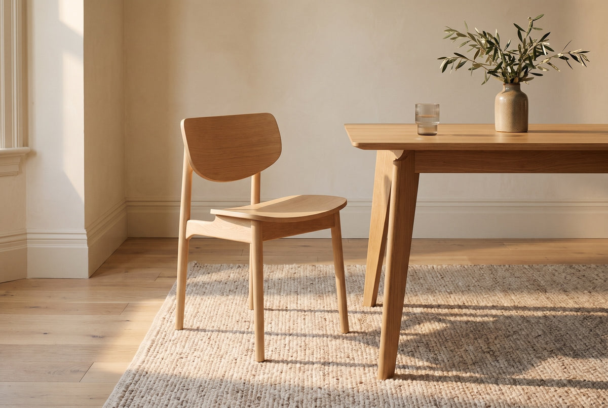 A natural oak Simone dining chair on a woven wool rug beside a light oak dining table with a ribbed glass and an olive branch in a stoneware vase, in warm sunlight from a tall window
