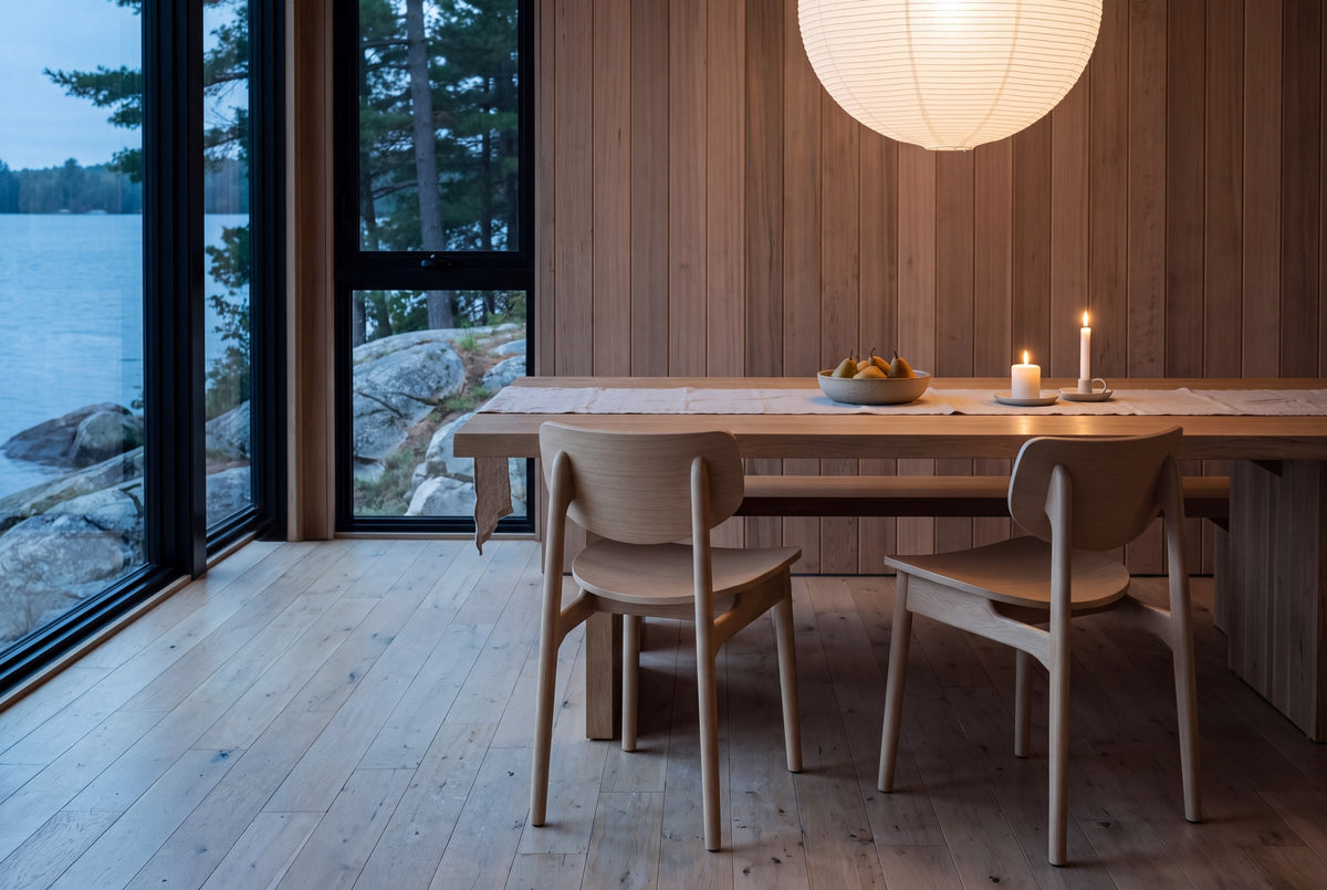 Two natural oak Simone dining chairs at a long oak table with a linen runner, a bowl of pears and two lit candles, under a paper lantern in a wood-panelled lakeside cottage at dusk, with tall black-framed windows onto pine trees, granite rocks and the lake