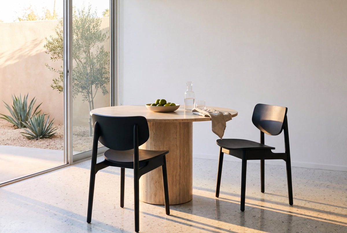 Two black Simone dining chairs at a round travertine pedestal table with a bowl of limes, a glass carafe and a linen napkin, on a terrazzo floor beside sliding glass doors onto a sunlit courtyard with an olive tree and agaves