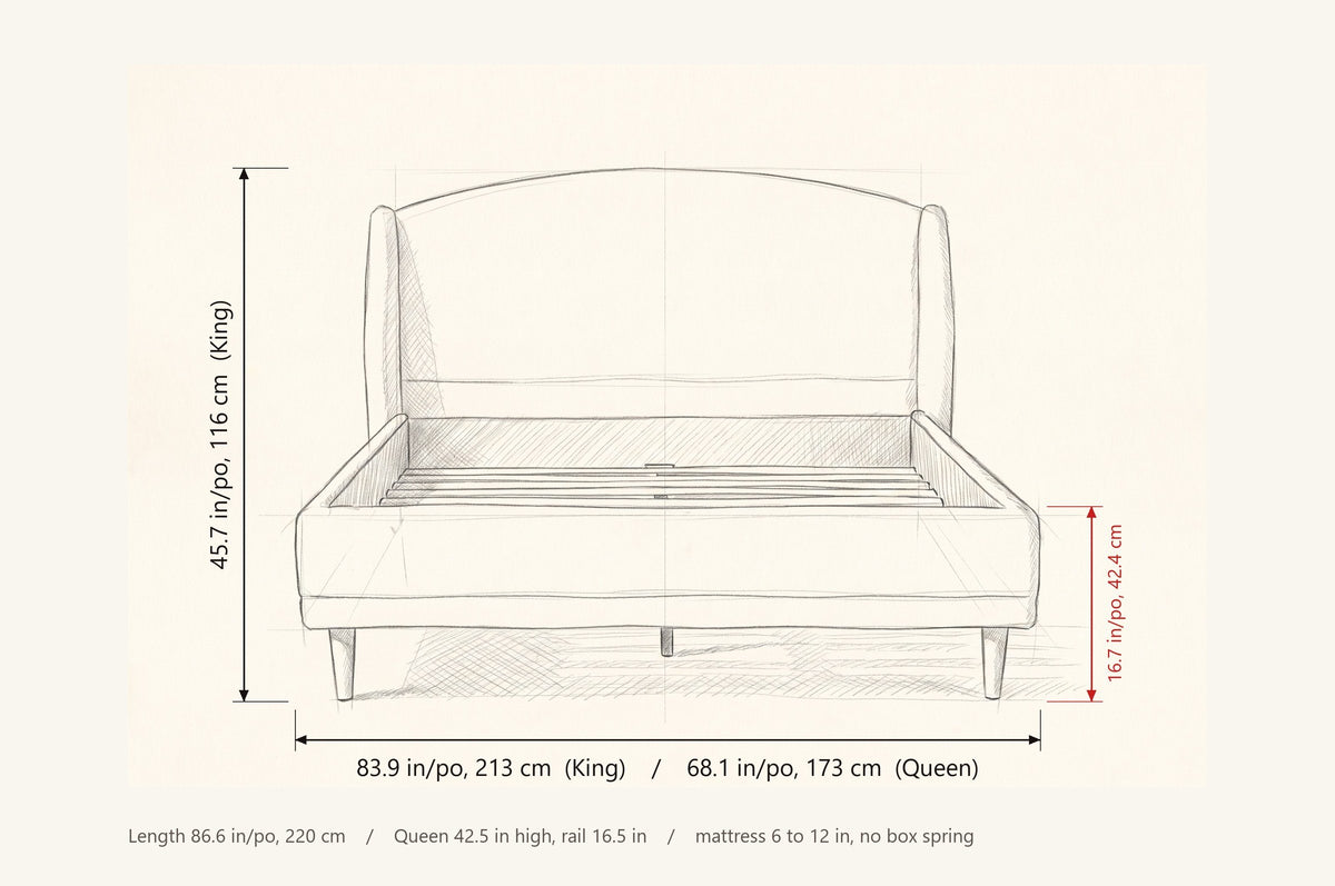 Sirmione bed dimensions: King 83.9 in wide, Queen 68.1 in wide, King 45.7 in high, rail 16.7 in, 86.6 in long