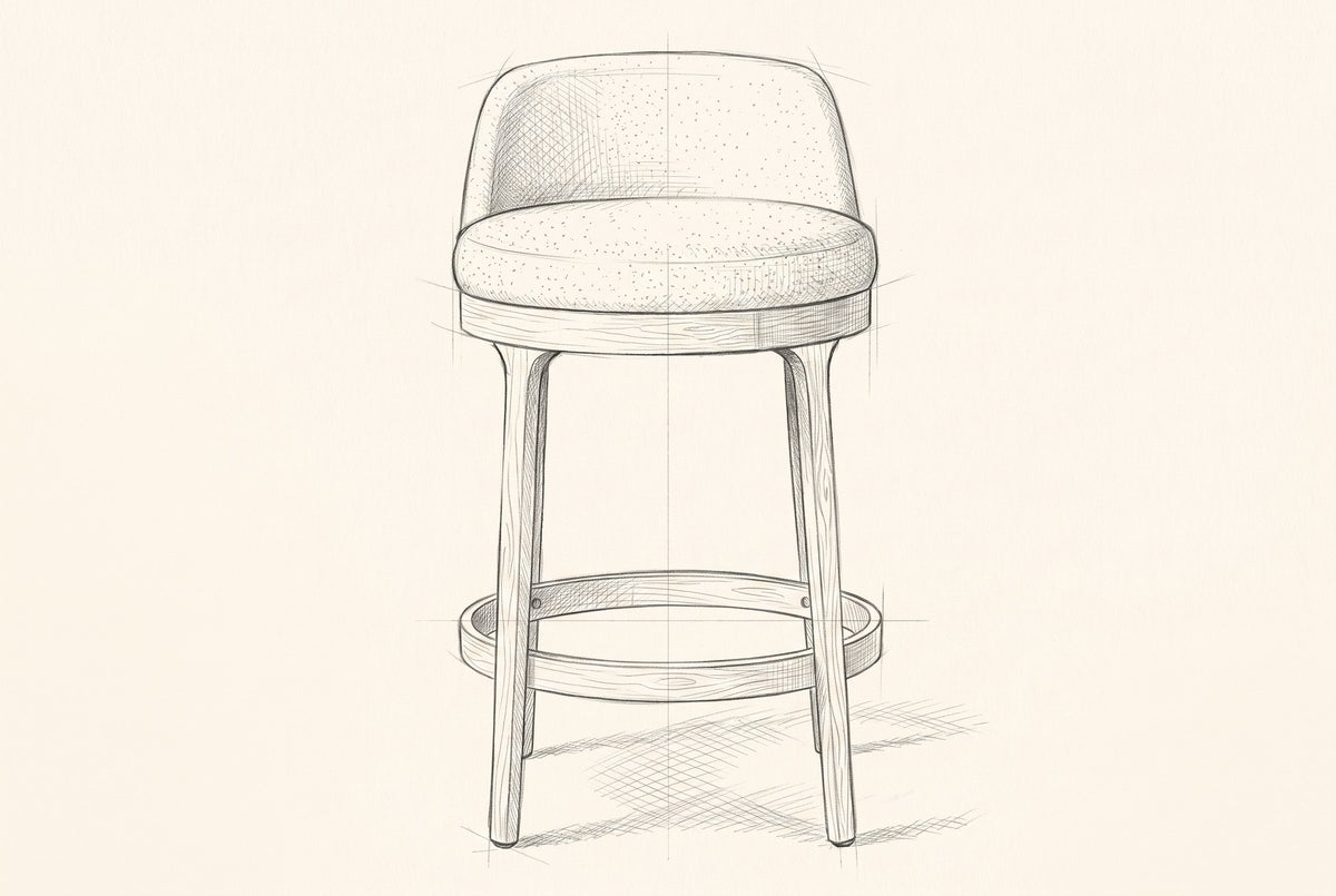 Pencil drawing of the Sirolo counter stool, front view