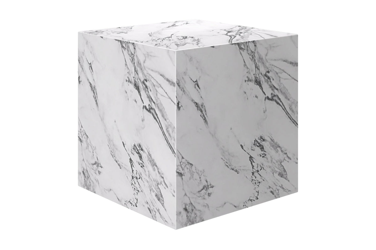 Sloane white concrete composite cube side table with grey marble-look veining, three-quarter view