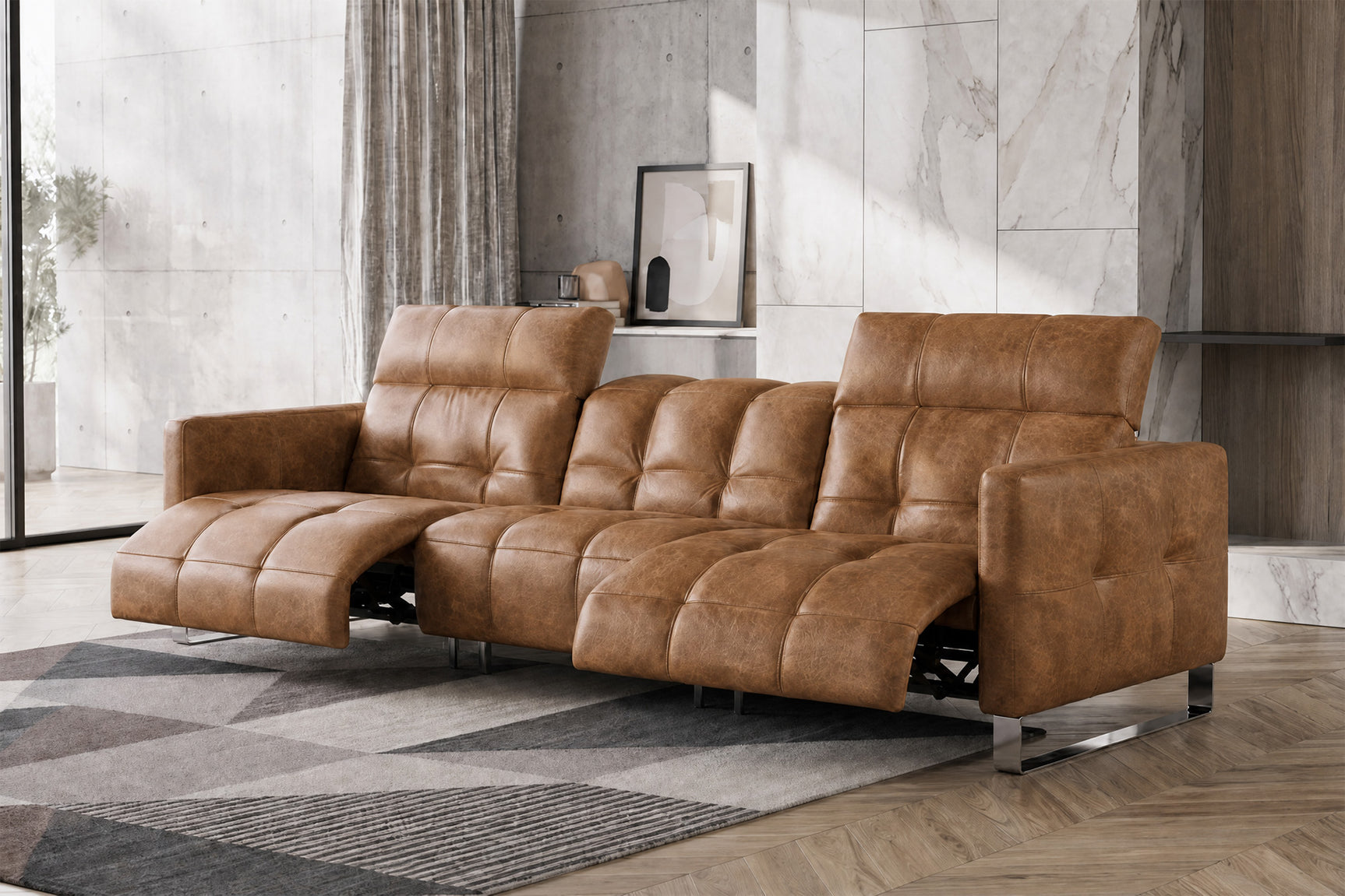 Sofia Distressed Italian Aniline Leather Dual Reclining Sofa