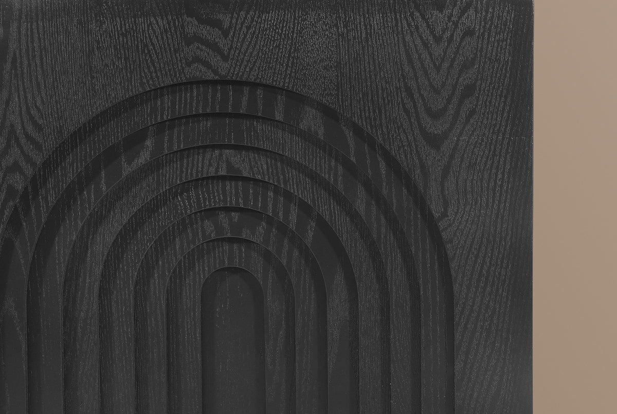 Close-up of the Black finish: the stepped arch crown with the open wood grain showing through the black stain