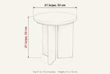 Sorano side table dimensions on a pencil sketch: the top 21 in across, 21 in high