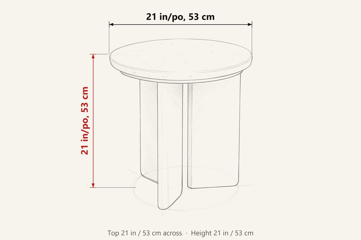 Sorano side table dimensions on a pencil sketch: the top 21 in across, 21 in high