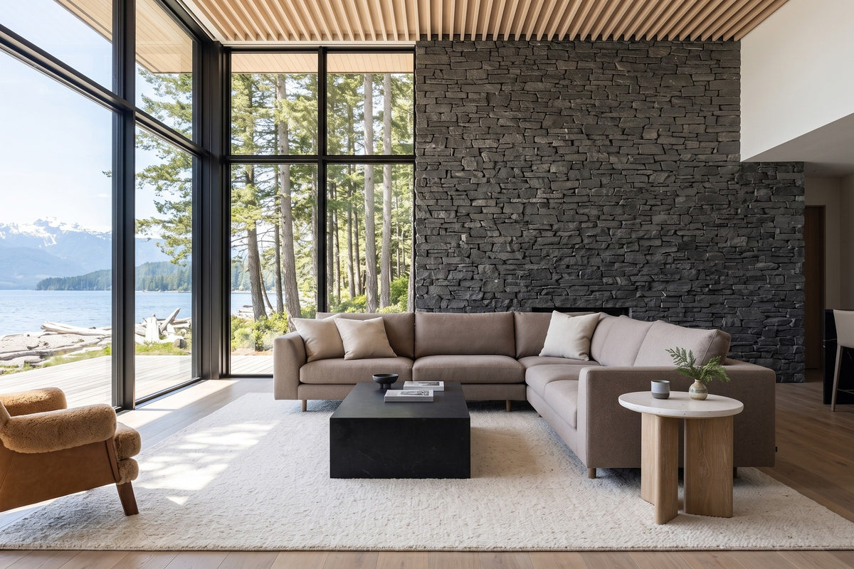 Sorano side table at the arm of a taupe sectional in an Alert Bay house