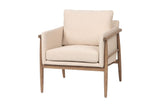 Soren ash wood accent chair with beige fabric cushions, three-quarter view
