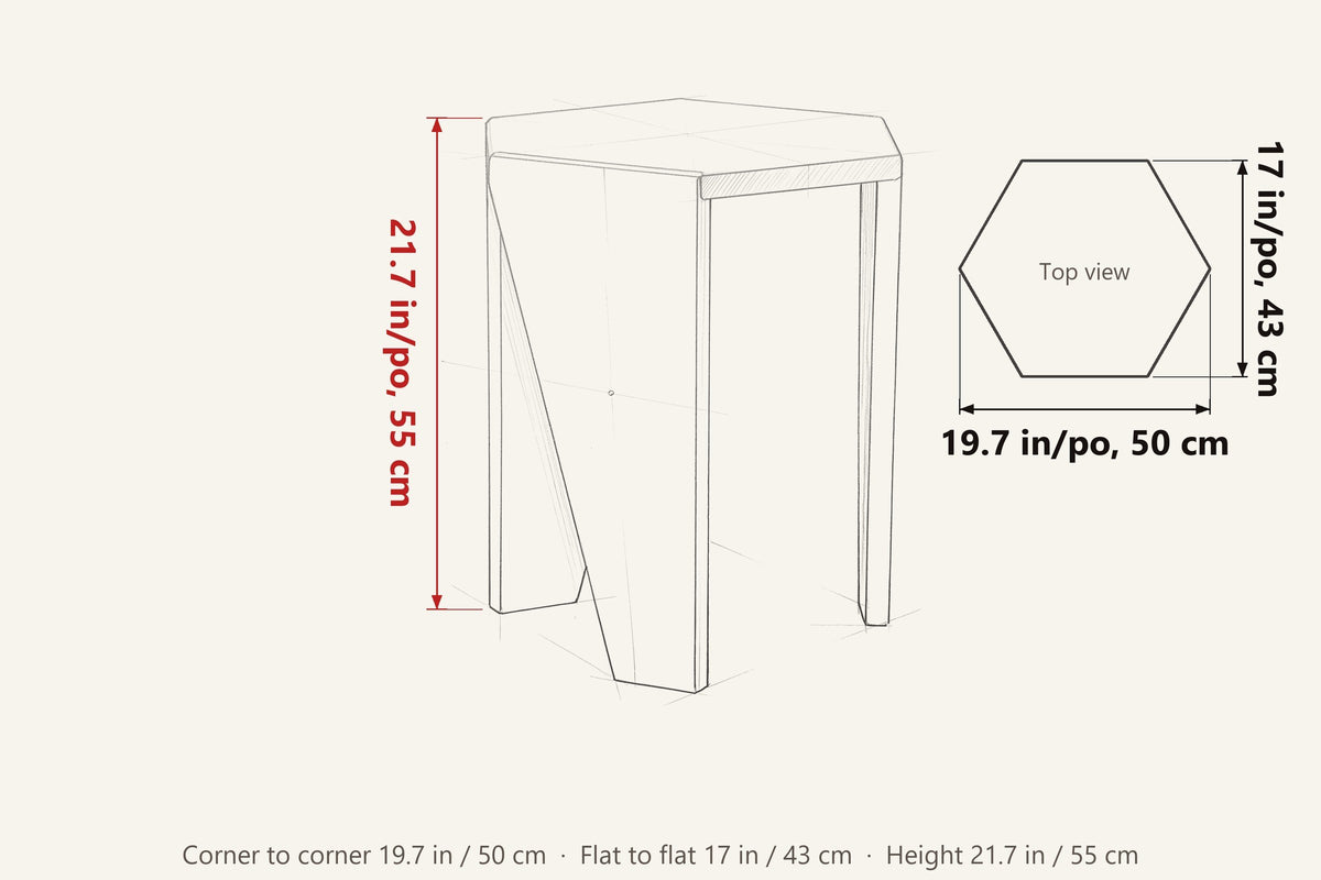 Sovana side table dimensions on a pencil sketch: 21.7 in high; top view 19.7 in corner to corner and 17 in flat to flat
