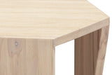 Close-up of a Sovana leg in Sandblast White Elm under a corner of the top: flowing elm grain and a small filled knot